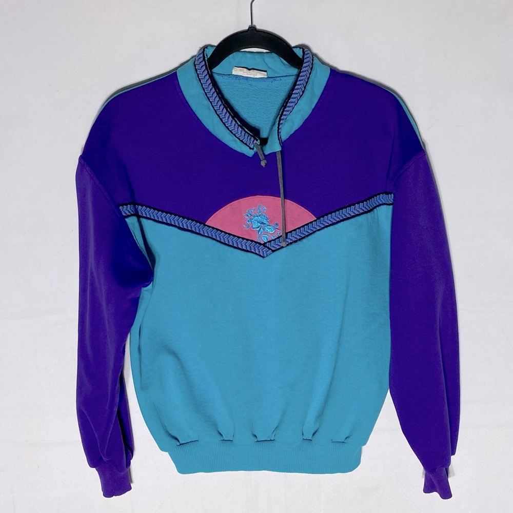 Vintage Jasmine Blue Purple Mock Neck Sweatshirt S Cottagecore Grannycore